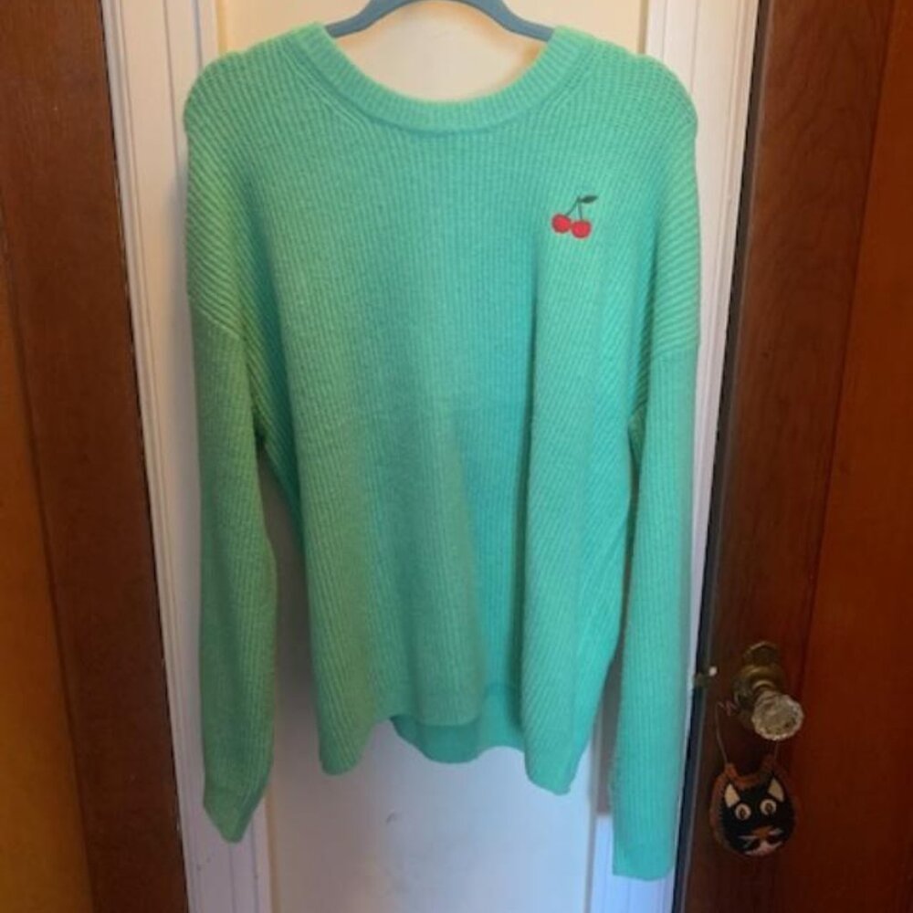 Mint Green Sweater with Embroidered Cherries